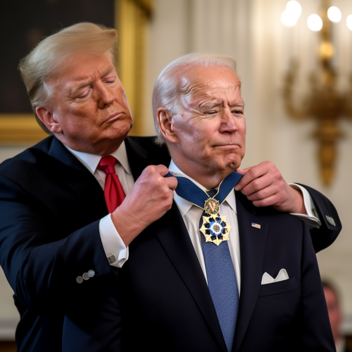 Donald Trump condecorando seu adversário político Joe Biden. Feito pelo Midjourney